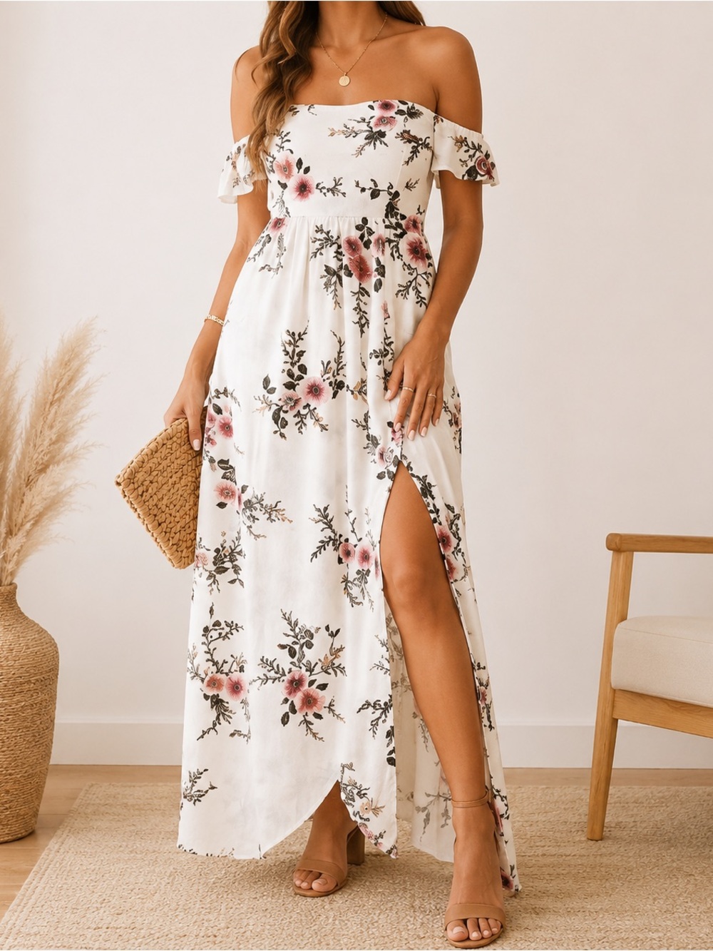 Yoins Women’s Medium Maxi Dress Floral Off Shoulder White Pink Boho Cottagecore